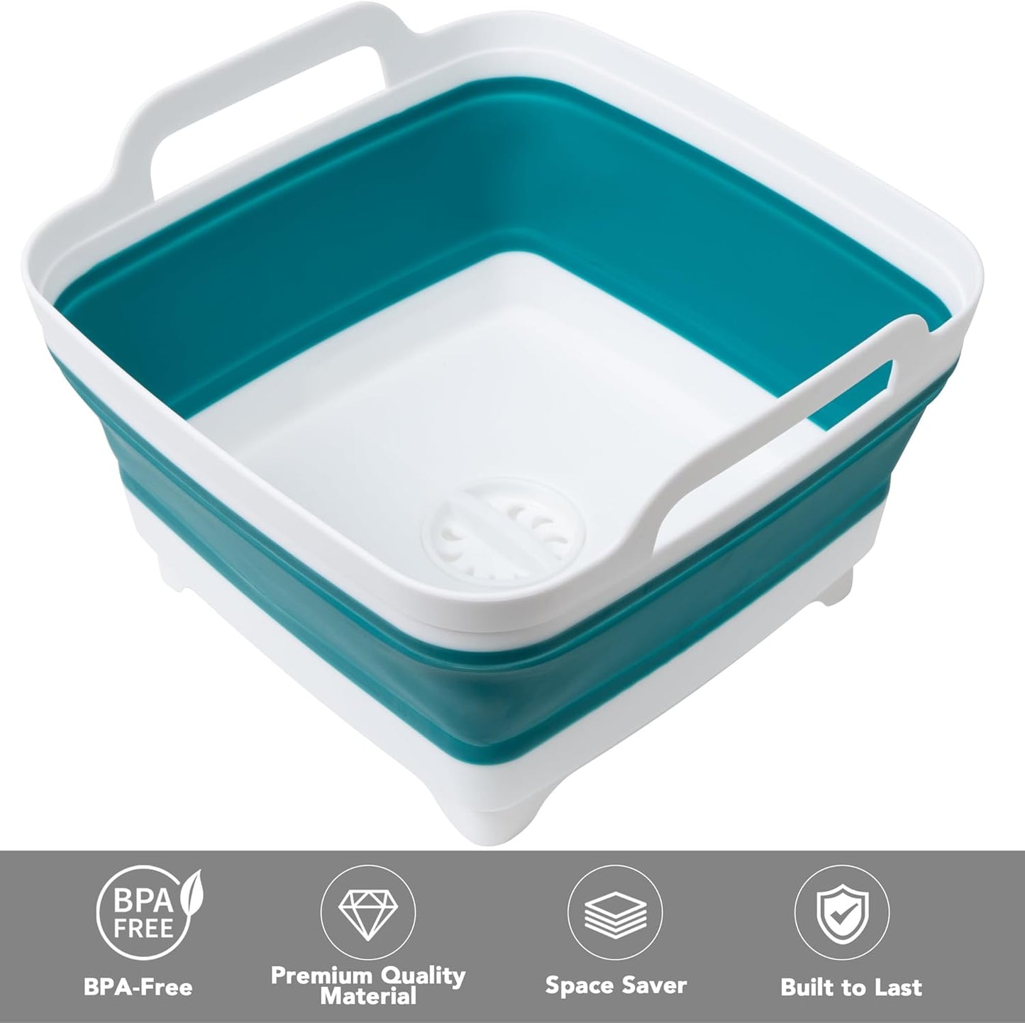 2 Pack Dishpan for Washing Dishes, 2.4Gal/9L Wash Basin with Draining Plug Carry Handles, Collapsible Bucket for Cleaning, Portable Sink, Foldable Plastic Tub