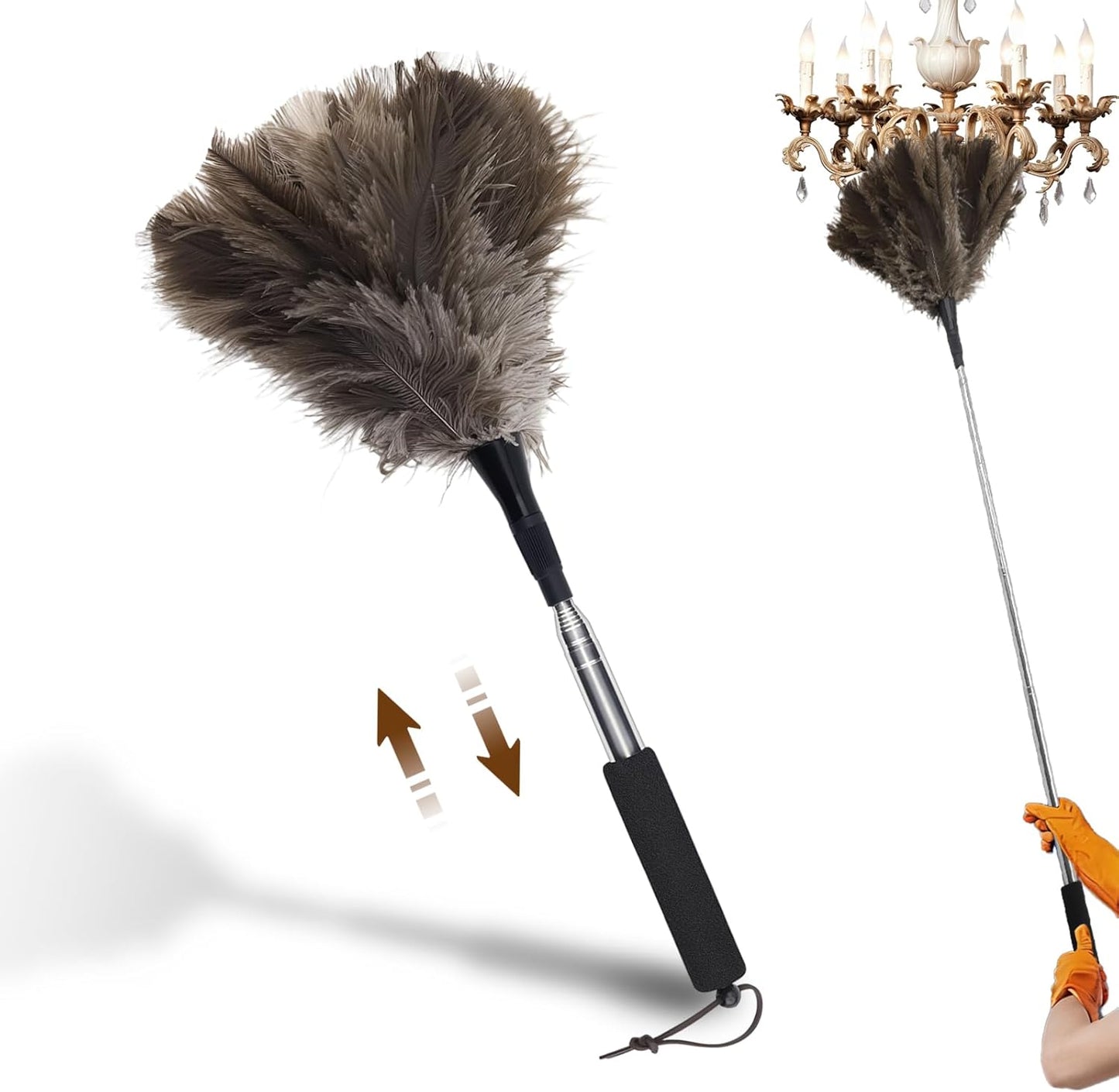 Extendable Ostrich Feather Duster with Bonus Wool Feather Duster Head - Natural Fluffy Non-Slip Handle Feathers Dusters for Cleaning Ceiling Fans, Blinds, Roof Dusting, High Surfaces (18-48 in)