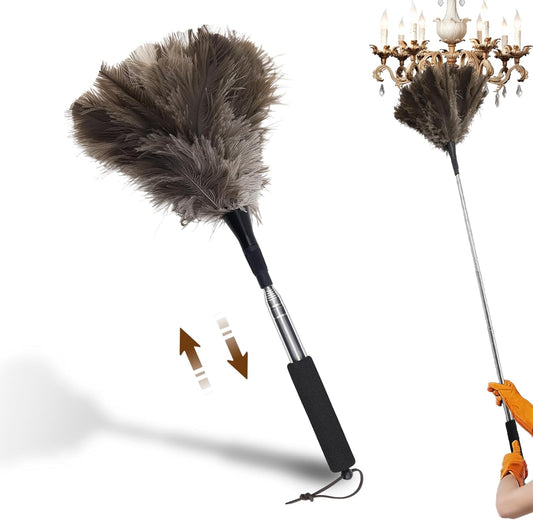Extendable Ostrich Feather Duster with Bonus Wool Feather Duster Head - Natural Fluffy Non-Slip Handle Feathers Dusters for Cleaning Ceiling Fans, Blinds, Roof Dusting, High Surfaces (18-48 in)