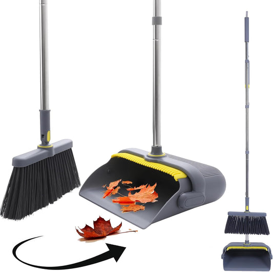 Heavy Duty Broom and Standing Dustpan Combo Set, Rotatable Head Dust Pan and Brush Set with Collapsible Handle, Cleaning Teeth, Hanging Loop, Ideal for Pets, RV, Kitchen, Camping, Outdoor Floor, White