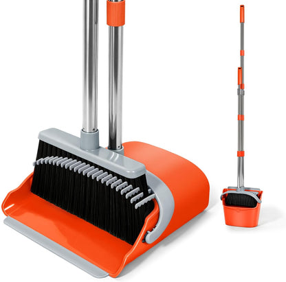 YZO Broom and Dustpan Set, 54.33 Inch Long Handle Standing Design, Dustpan Front Rubber Tight Seal, Broom with 5 Layer Bristles, Suitable for Living Room, Bedroom, Yard, Office and Apartment(Green)