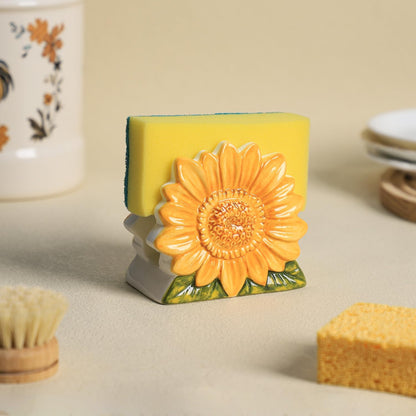 Ceramic Sunflower Sponge Holder for Kitchen Sink, Compact Sink Caddy Organizer, Flower Scouring Pad and Dish Sponge Holder