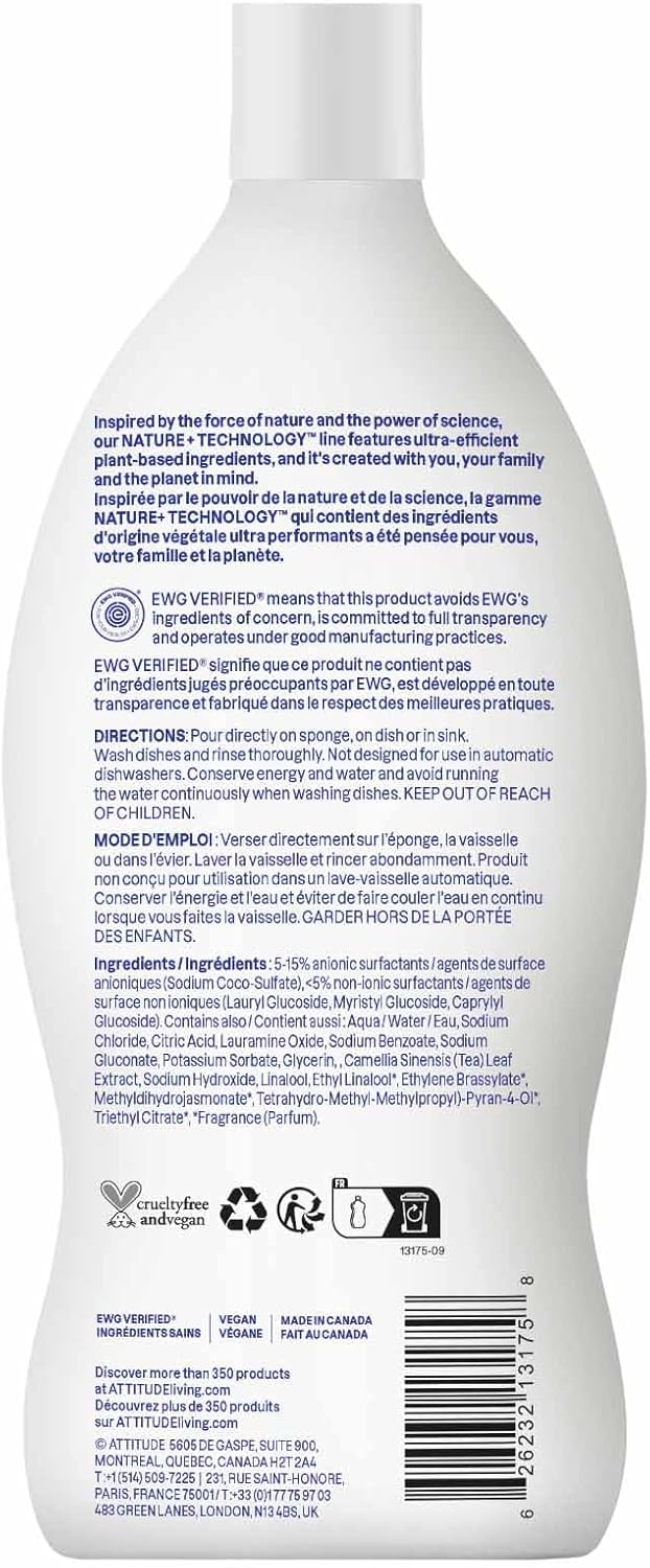 ATTITUDE Dish Soap Refill, EWG Verified, Plant-Based & Vegan Dishwashing Liquid, Naturally Derived, Unscented, 67.6 Fl Oz