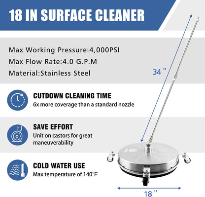 JANZ 18" Pressure Washer Surface Cleaner with 4 Wheels,1/4" Quick Plug,Stainless Steel Housing,2 Extension Wand Attachments, 3 Spray Nozzles and 2 Replacement Nozzles, 4000 PSI