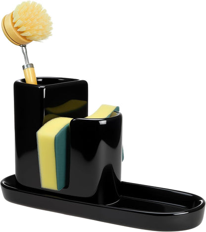 Geelin 3 in 1 Ceramic Kitchen Sink Caddy Dish Sponge Holder Scrub Brush Holder and Soap Tray for Kitchen Organizer White Rustic Farmhouse Supplies(White)