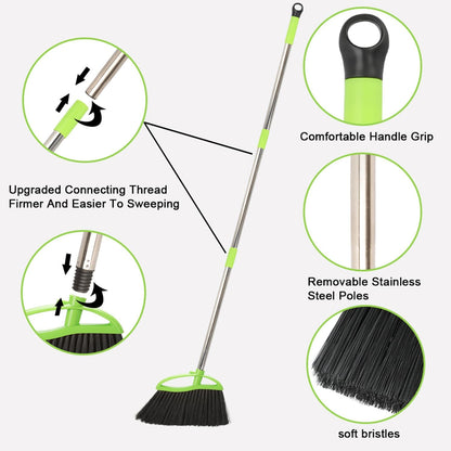 Soft Bristles Green Angle Broom and Dustpan Set, Long Handle Household Indoor Broom with Dustpan Combo Set for Room Kitchen Lobby Office Hardwood Floor Sweeping Floor Cleaning