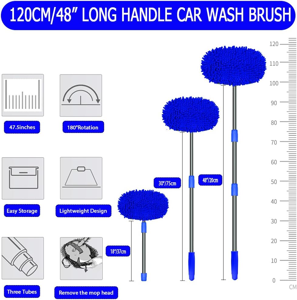 WillingHeart 47.5" Car Wash Brush Mop Cleaning Tool with Long Handle Kit for Washing Detailing Cars Truck, SUV, RV, Trailer, Boat 2 in 1 Chenille Microfiber Sponge Duster Not Hurt Paint Scratch Free