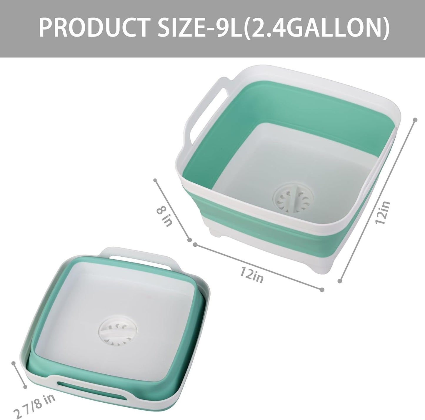 2 Pack Dishpan for Washing Dishes, 2.4Gal/9L Wash Basin with Draining Plug Carry Handles, Collapsible Bucket for Cleaning, Portable Sink, Foldable Plastic Tub