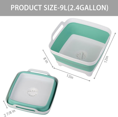 2 Pack Dishpan for Washing Dishes, 2.4Gal/9L Wash Basin with Draining Plug Carry Handles, Collapsible Bucket for Cleaning, Portable Sink, Foldable Plastic Tub