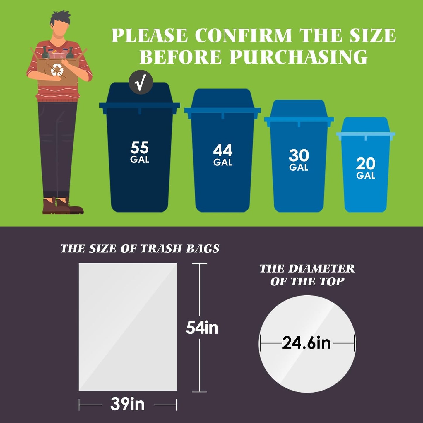 Teivio Large Clear Trash Bags 55-60 Gallon 20 Counts Fit 50,55,60,Gal All Purpose Garbage Bags, Extra Large Lawn and Leaf Bags Outdoor Trash Can Liner, Drum Liners, Workshops, Backyard
