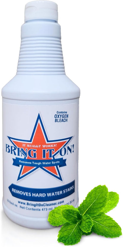 Bring It On Cleaner Hard Water Stain Remover 16 oz | Glass, Soap Scum Remover for Shower Glass, Fiberglass, Windows, Tile and Grout Cleaner, and Includes Scrubbing Drill Pads