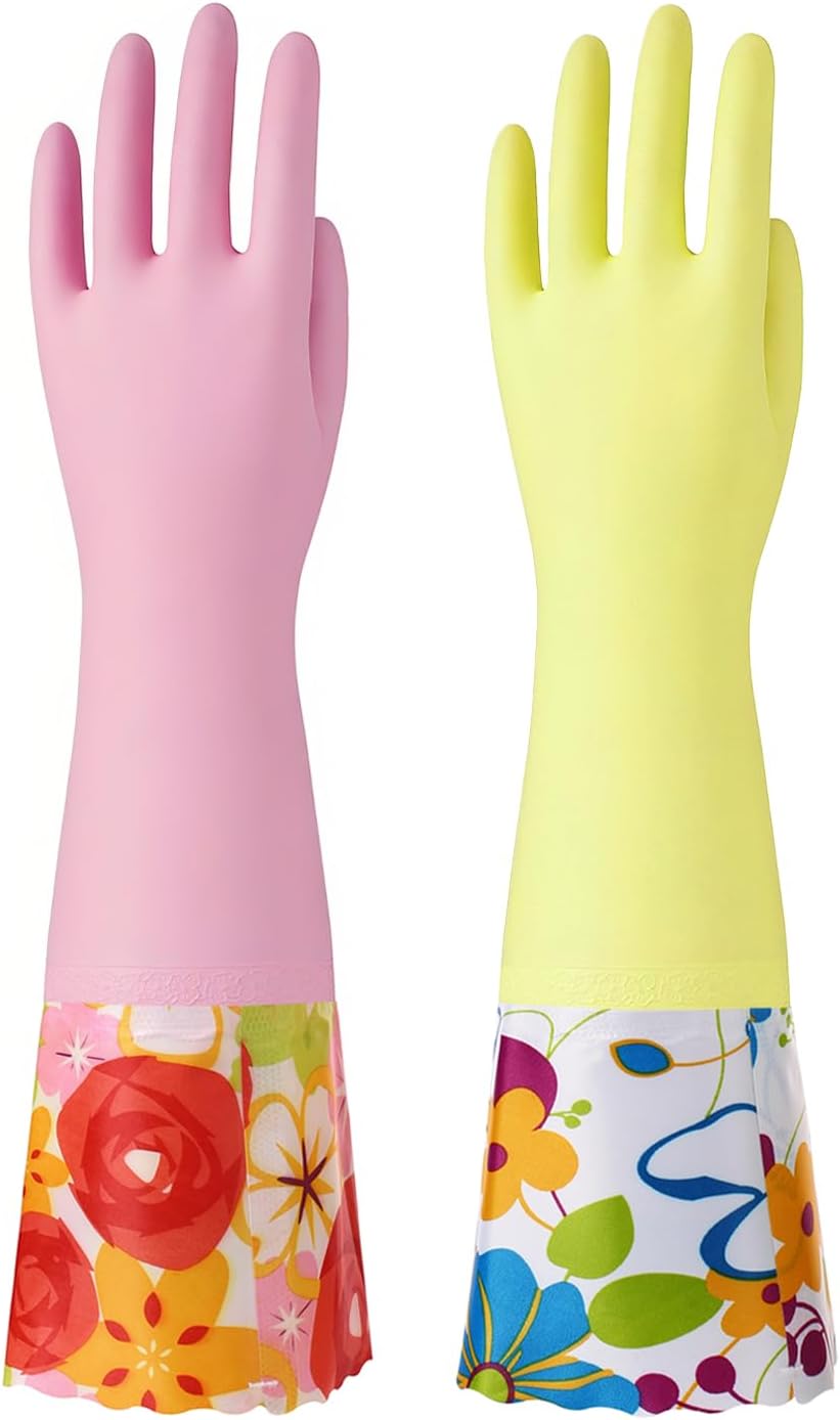 Bamllum 3 Pairs Rubber Cleaning Gloves, Household Kitchen Dishwashing Gloves with Cotton Flocked Liner, Long Cuff 16 Inches, Reusable, Non-Slip (Medium, Blue+Pink+White)