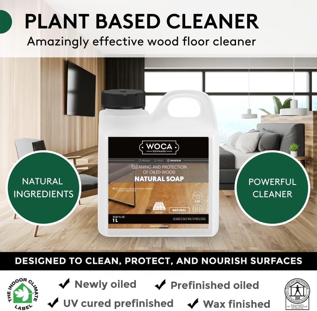WOCA Natural Soap, Natural 1L - Concentrated Wood Cleaner for oil finished hardwood floors, tables, millwork, cutting boards, countertops and butcher block