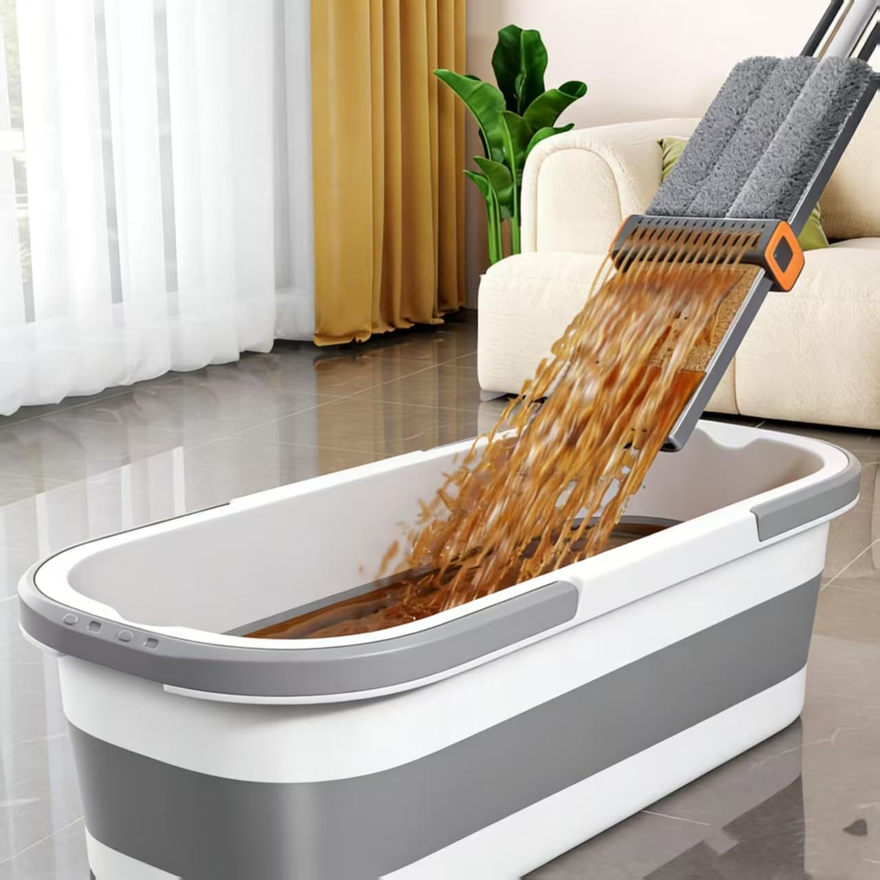 Microfiber Mop Bucket Set, Flat Mop with Bucket, Floor Brush & Glass Squeegee Included, Wet Dry Cleaning System with 6 Washable Pads (1 Mop+6 Microfiber Pads+1 Bucket+1 Floor Brush+1 Glass Wiper)