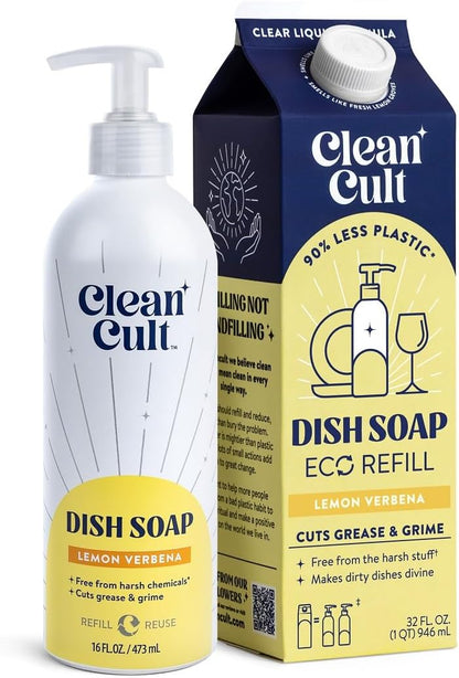Cleancult Dish Soap Liquid Refill (32oz, 3 Pack) - Plant Based Cleaning Power - Dish Soap that Cuts Grease & Grime - Free of Harsh Chemicals - Uses 90% Less Plastic - Fresh Rain