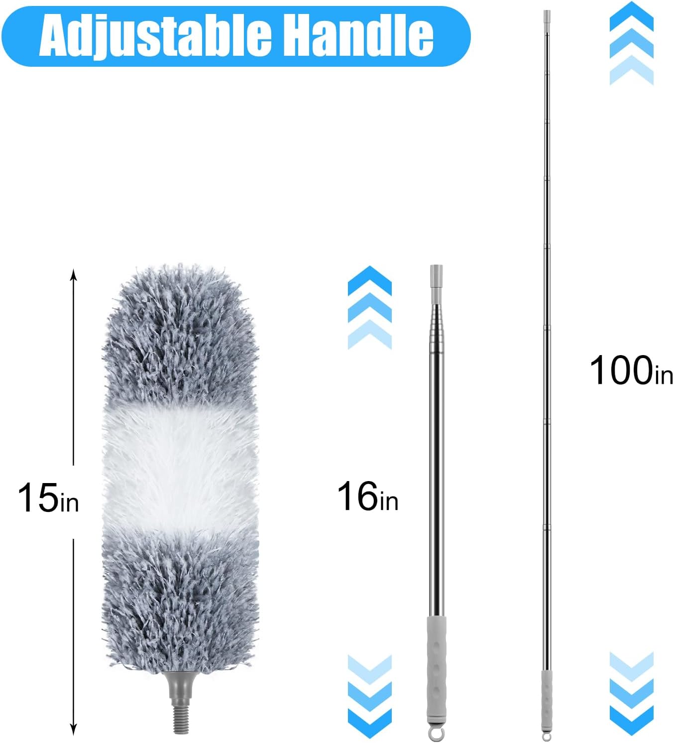 Microfiber Feather Duster, 110 Inch Extendable Telescoping Pole Duster with Bendable Washable Head, Long Handle Cleaning Duster for Ceiling Fan, High Ceiling, Blinds, Furniture and Cars(Gray)