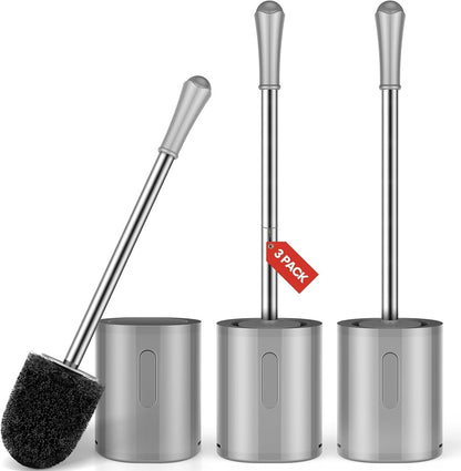 AONEZ Compact Toilet Brush & Holder, Stainless Steel Handle, Space Saving for Storage, Deep Cleaning, Drip-Proof, Easy to Assemble, Nylon Bristles, White & Grey
