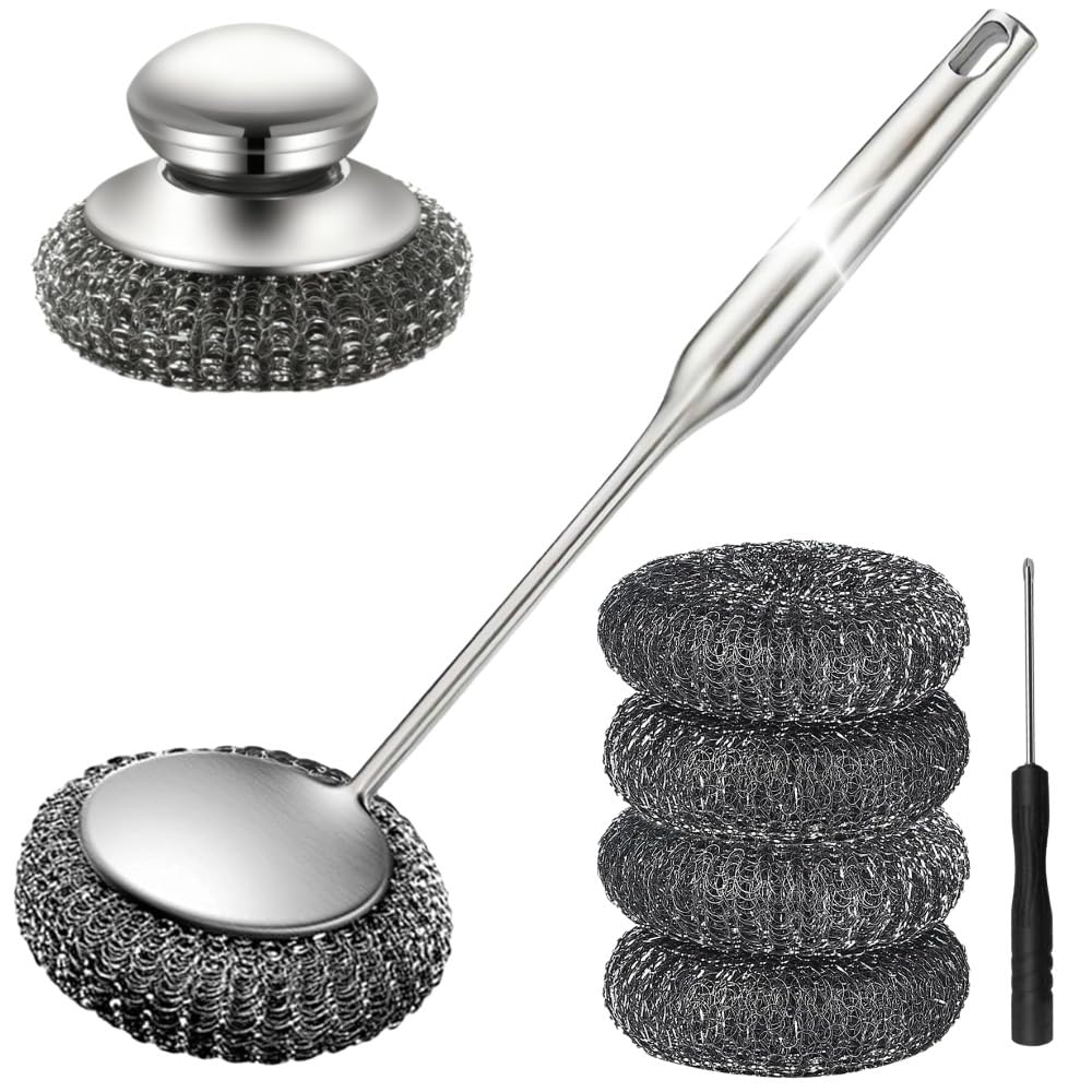 Steel Wool Scrubber with Handle: 7Pcs Stainless Steel Scrubber Brush Set – 1 Long Brushes,1 Short Brushes,4 Replaceable Pads,1 Screwdriver for Home Cooks,BBQ Enthusiasts,Anti-Scratch,for Kitchen
