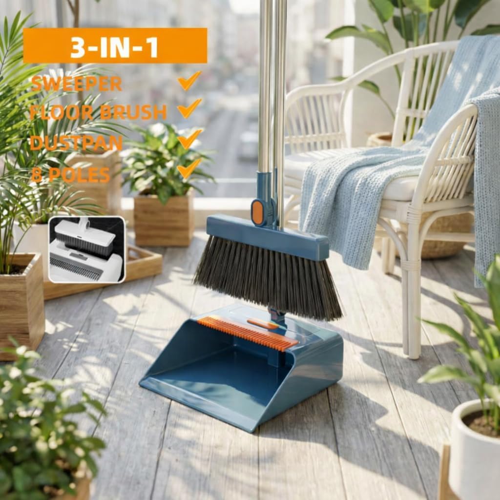 3 in 1 Broom and Dustpan Set with Adjustable Push Broom with 48.8“ Long Handle for Floor Sweeping Outdoor Indoor Sweeping Combo for Home & Kitchen (Purple)