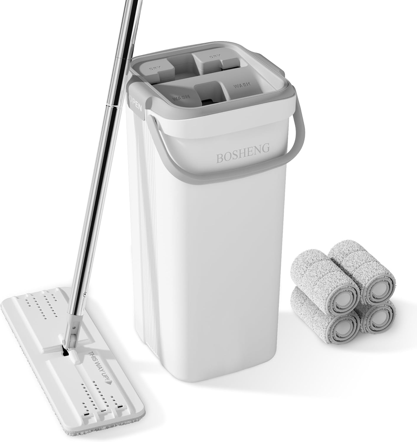 BOSHENG Mop and Bucket with Wringer Set, Flat Floor Mop and Bucket, with 3 Microfiber Mops for Floor Cleaning, Wet and Dry Use for Household Cleaning - White
