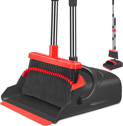 Upgrade Broom and Dustpan Set, Self-Cleaning with Dustpan Teeth, Indoor&Outdoor Sweeping, Ideal for Dog Cat Pets Home Use, Stand Up Broom and Dustpan (Gray&Orange)