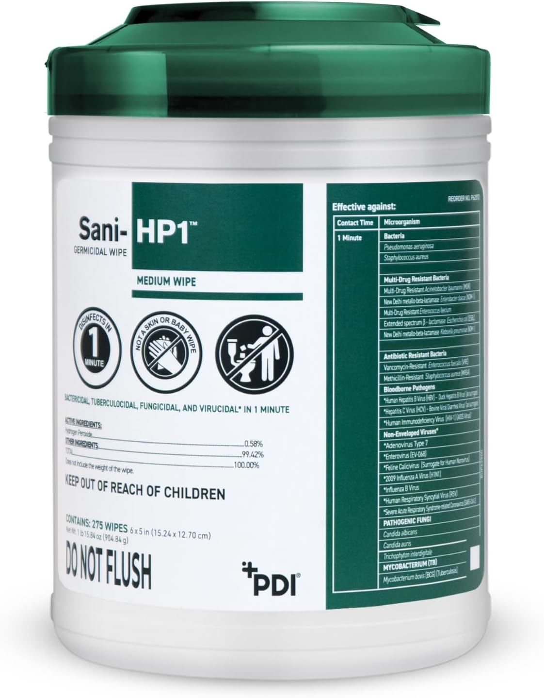 Sani-HP1 Hydrogen Peroxide Disinfectant Wipes, 275 Count Canister, 6" x 5" Wipes, 1-Minute Contact Time, No PPE Required, Hard Surface Cleaning Wipes for Healthcare and Home