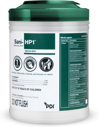 Sani-HP1 Hydrogen Peroxide Disinfectant Wipes, 275 Count Canister, 6" x 5" Wipes, 1-Minute Contact Time, No PPE Required, Hard Surface Cleaning Wipes for Healthcare and Home