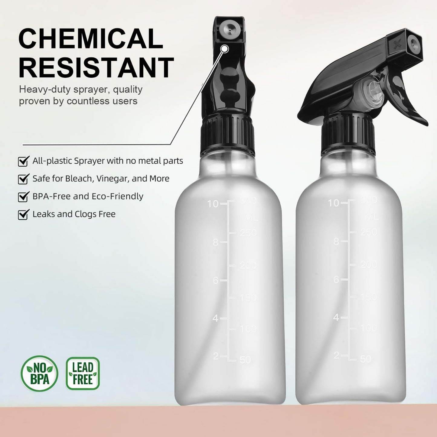 Bealee Spray Bottles 2 Pack, 10 Oz, Mist & Stream, Heavy Duty Spraying Empty Water Sprayer Bottle, BPA Free Plastic Refillable Containers for Cleaning Solutions, Planting, Hair with Measurement