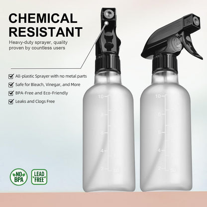 Bealee Spray Bottles 2 Pack, 10 Oz, Mist & Stream, Heavy Duty Spraying Empty Water Sprayer Bottle, BPA Free Plastic Refillable Containers for Cleaning Solutions, Planting, Hair with Measurement