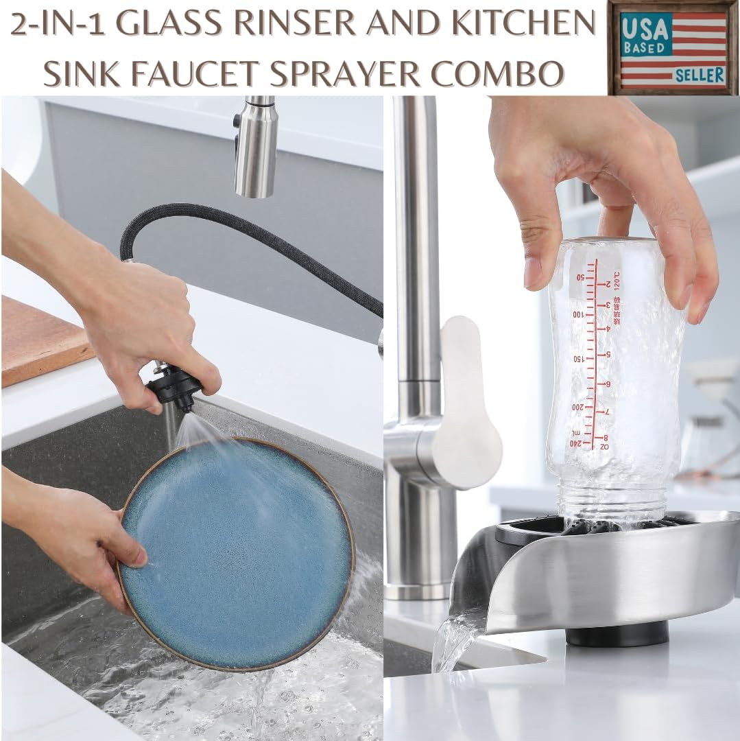2 in1 Glass Rinser for Kitchen Sink - Stainless Steel Cup Cleaner - Counter Top Bottle Washer - Kitchen Sink Accessories - Attachements - Sink Sprayer (Nickel)
