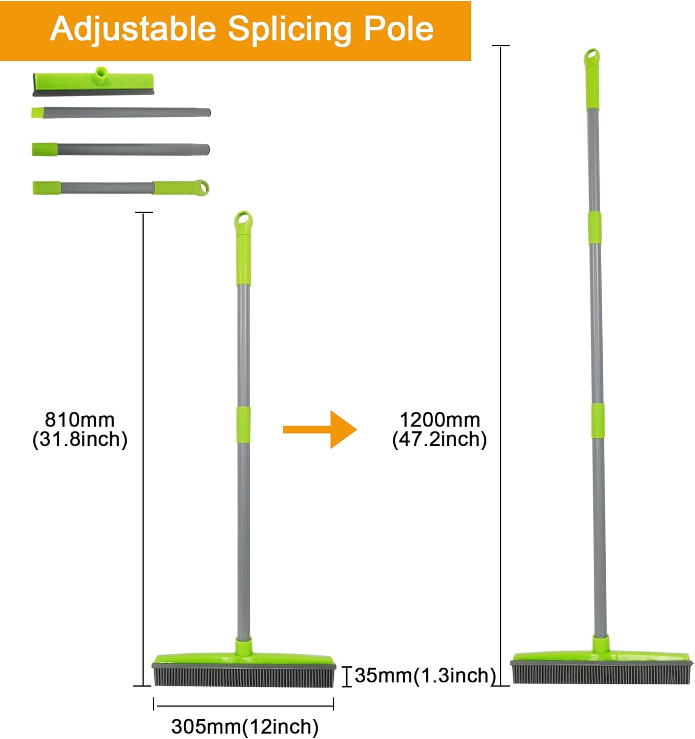 Push Broom,Pet Hair Removal Broom with Squeegee,Soft Silicone Bristle Broom with Long Handle,Non Scratch Carpet Sweeper Brush for Cat Dog Hair Hardwood(Orange) Extra Long for Tall People