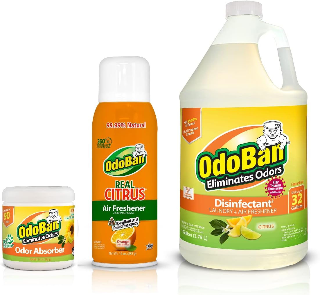 OdoBan 360-Degree Continuous Spray Natural Oil Real Citrus Orange Air Freshener, 10 Ounce, and Multipurpose Disinfectant Cleaner, 32 Ounce Spray, Made in the USA