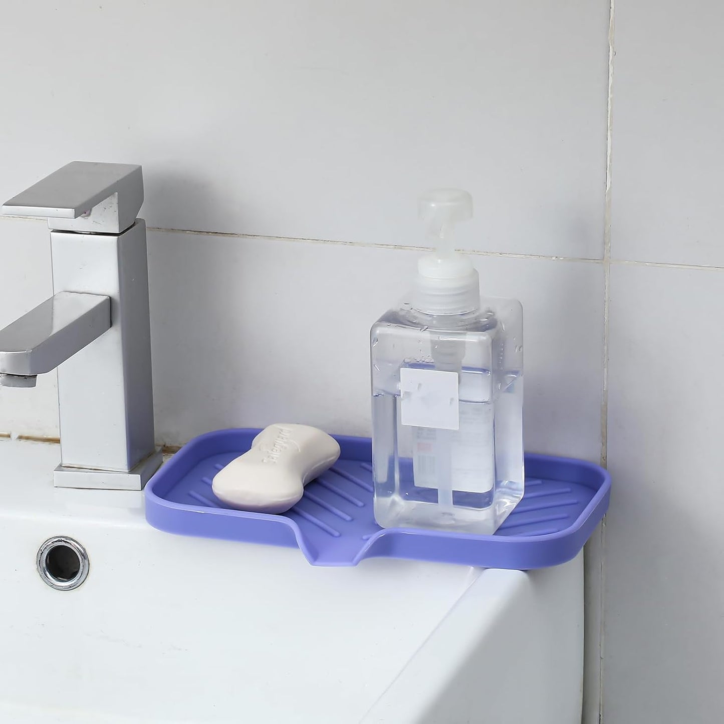 MicoYang Silicone Bathroom Soap Dishes with Drain Spout-Bathroom and Kitchen Sink Organizer,Sponge Holder,Dish Soap Tray,Perfect for Dispenser,Scrubber,Bottle,Cup on Sink or Counter-Black 4.9"×3.2"