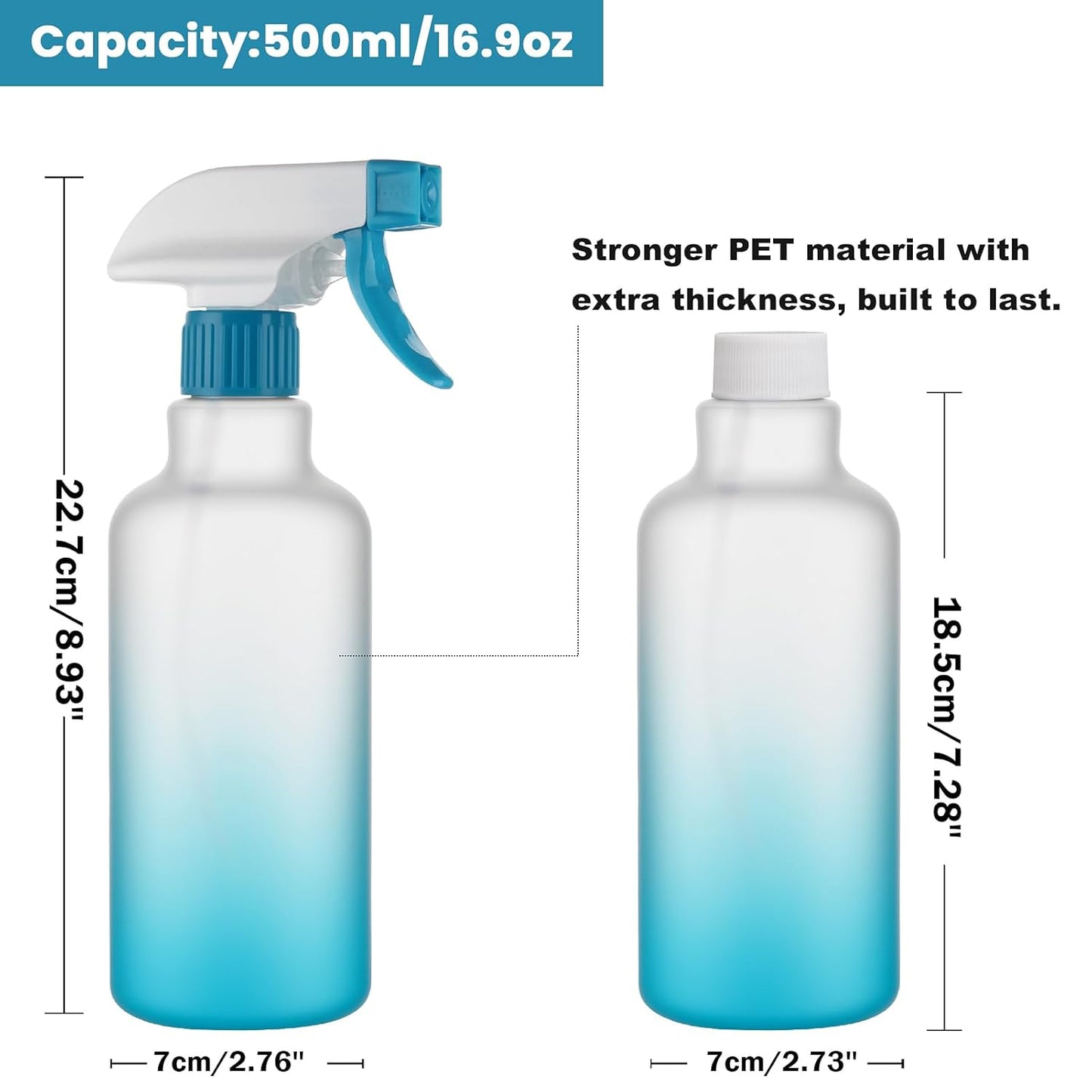 Plastic Spray Bottles Empty Spray Bottle 16.9oz/500ml 2 Pack Heavy Duty Spraying Bottles Mist/Stream Water Bottle for Cleaning Solutions, Essential Oils, Hair (Clear)