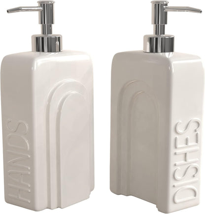 Soap Dispenser Set with Stainless Steel Pump, 2 Pack Ceramic Refillable Dish Soap and Hand Soap Dispenser for Kitchen, Bathroom, Matte White