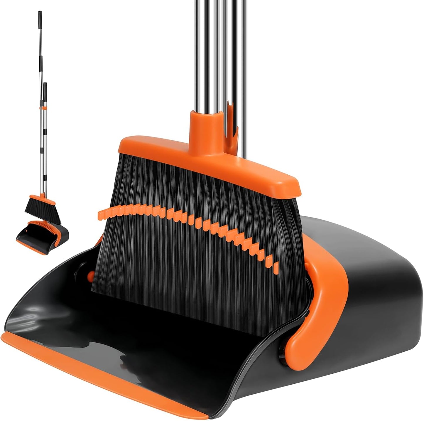 Broom and Dustpan Set for Home, 51-in Long Adjustable Handle Angle Broom and Dustpan Combo Set with Dust Pan Teeth to Clean Hair for Home Kitchen Office Lobby Floor Garden (Black&White)