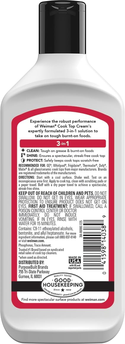 Weiman Non-Abrasive, No Scratch Induction Glass Ceramic Stove Cooktop Heavy Duty Cleaner and Polish, 20 Ounce
