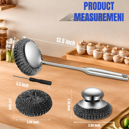 Steel Wool Scrubber with Handle: 7Pcs Stainless Steel Scrubber Brush Set – 1 Long Brushes,1 Short Brushes,4 Replaceable Pads,1 Screwdriver for Home Cooks,BBQ Enthusiasts,Anti-Scratch,for Kitchen
