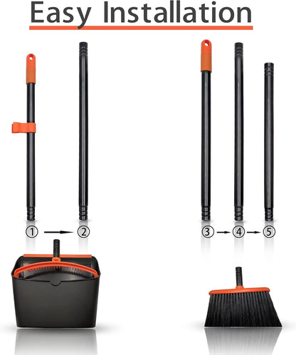 JEHONN Broom with Dustpan Combo Set, Long Handle Lightweight Indoor Broom Set, Upright Standing Dust Pan with Comb Teeth Store Sweep Set for Home Room Kitchen Office Lobby (Rose Red)