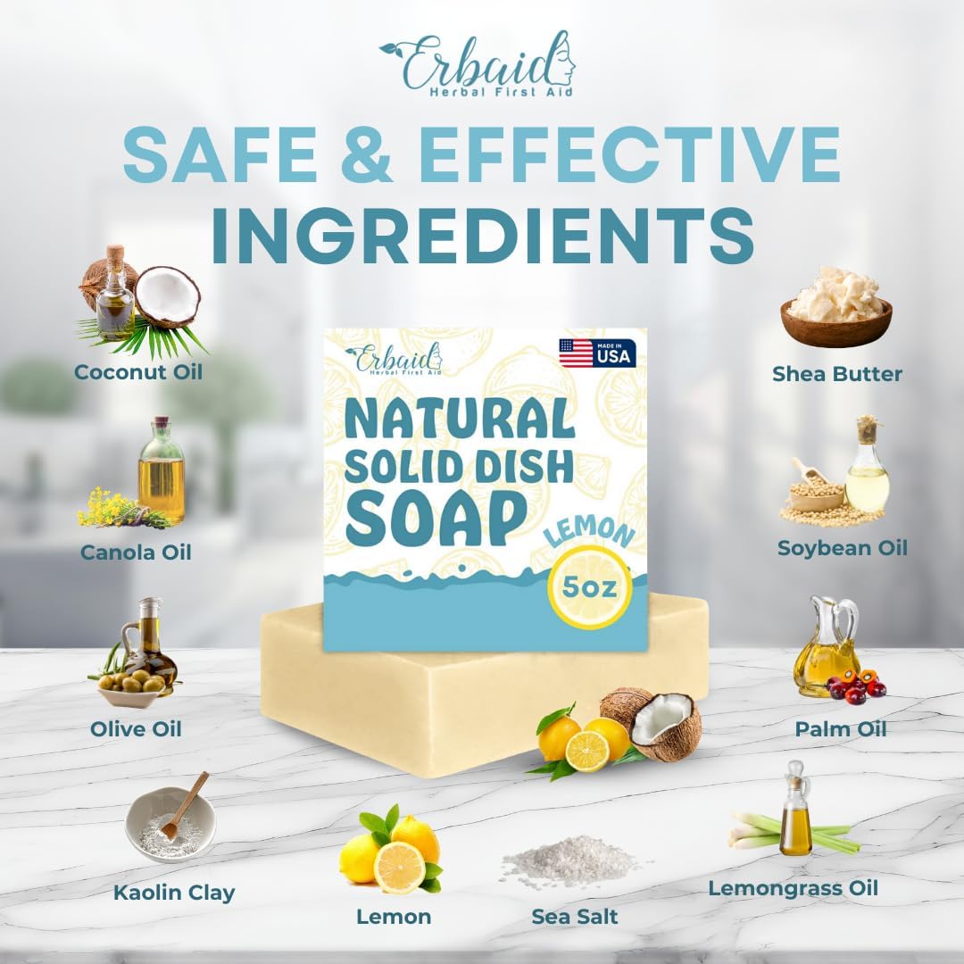 Non Toxic Dish Soap Bar – Natural Solid Dish Soap with Lemon Scent – Eco Friendly, Zero Waste, Plastic Free Kitchen Dishwashing Block – Long-Lasting, Gentle on Hands and Tough on Grease – Made in USA