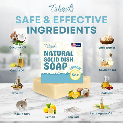 Non Toxic Dish Soap Bar – Natural Solid Dish Soap with Lemon Scent – Eco Friendly, Zero Waste, Plastic Free Kitchen Dishwashing Block – Long-Lasting, Gentle on Hands and Tough on Grease – Made in USA