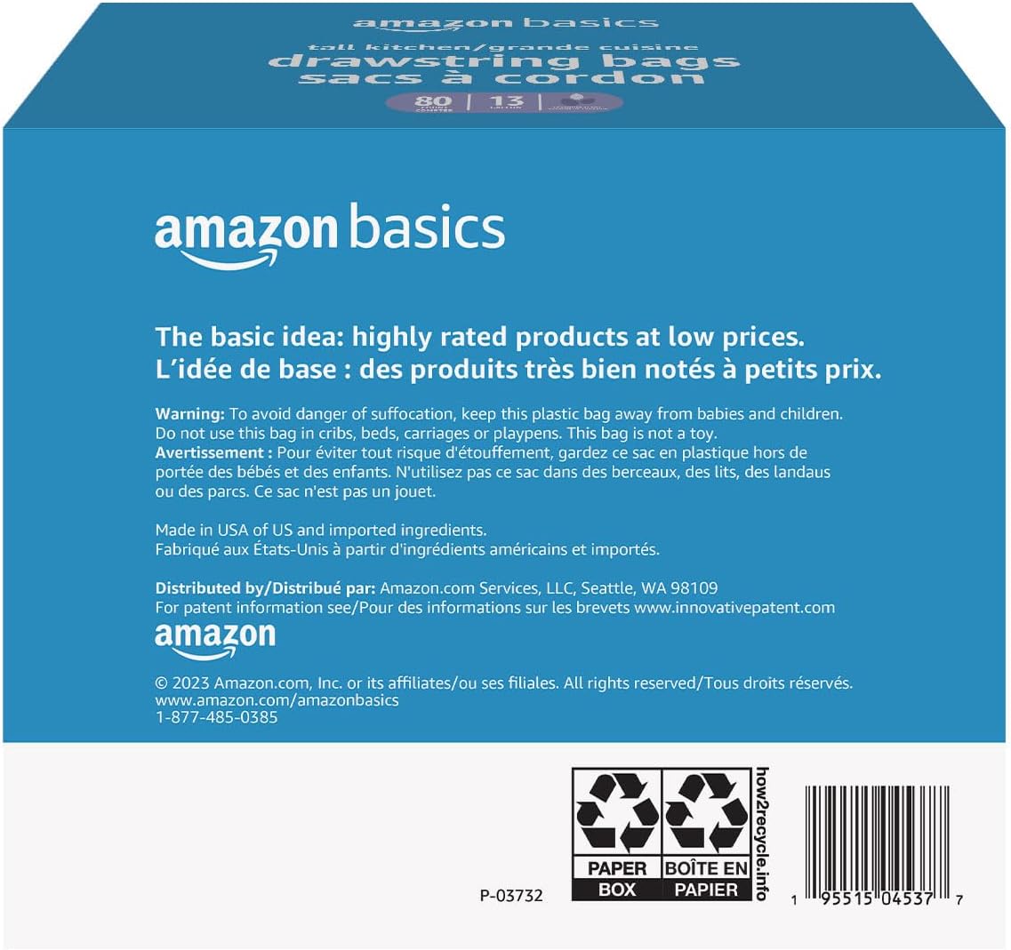 Amazon Basics Ultra-Force Tall Kitchen Drawstring Trash Bags, Classic Clean Scented, 13 Gallon, 80 Count with Odor Control