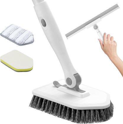 nacena Shower Scrubber with Long Handle, 3 in 1 Tile Tub Scrubber Brush with 3 Detachable Cleaning Heads Adjustable Handle Shower Cleaner Brush for Bathroom, Kitchen, Toilet, Wall, Sink, Blue White