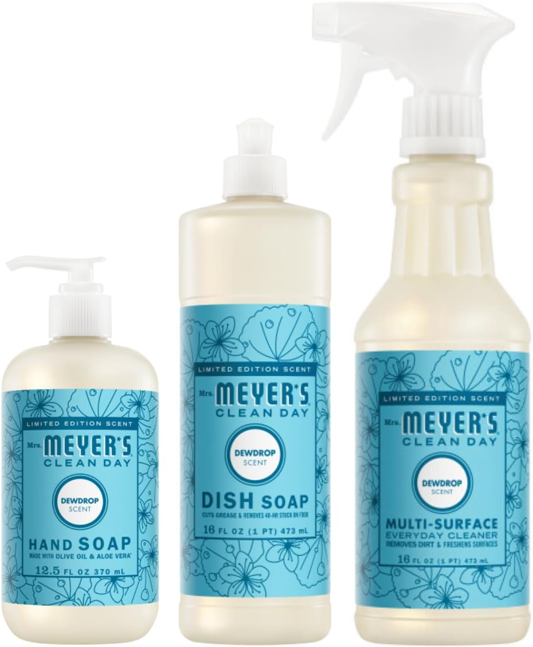MRS. MEYER'S CLEAN DAY Kitchen Essentials Set, Includes: Hand Soap, Dish Soap, and All Purpose Cleaner, Lemon Verbena, 3 Count Pack