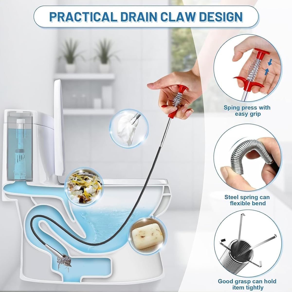 (76 inch) Drain Snake, Drain Clog Remover - Gutter Cleaning Tools Cleaner for Toilet Sewer Shower Kitchen Bathroom Tub Tool, Flexible Grabber Claw Pick Up Reacher