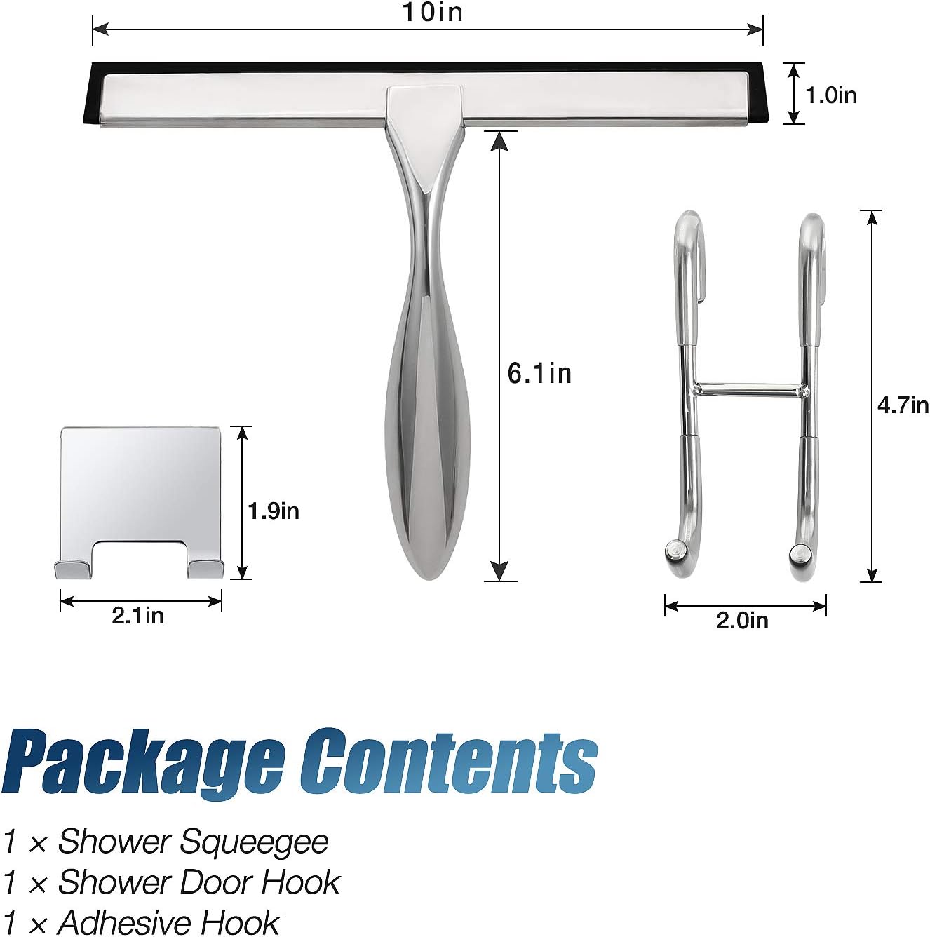 Simtive 12-Inch Shower Squeegee Set, Includes Shower Door Hook and Adhesive Hook, Squeegee for Shower Doors, Mirror and Window, Silver