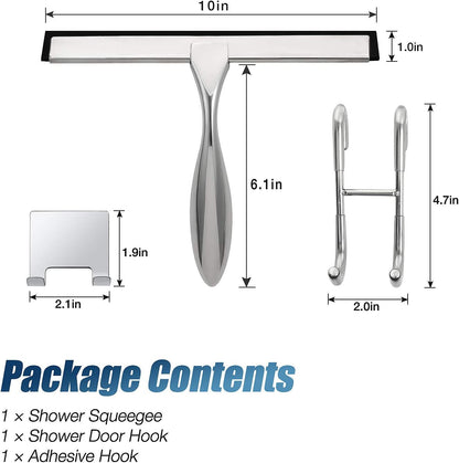 Simtive 12-Inch Shower Squeegee Set, Includes Shower Door Hook and Adhesive Hook, Squeegee for Shower Doors, Mirror and Window, Silver