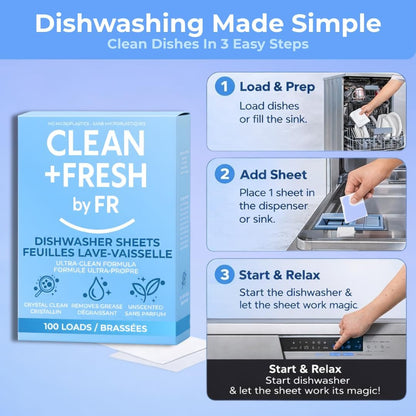Dishwasher Detergent Sheets – Dishwasher Detergent Pods & Tabs Alternative – Clean + Fresh – 100 Loads – Ultra Concentrated, Quick Dissolve, Plastic-Free, Powerful Grease & Stain Removal, Unscented