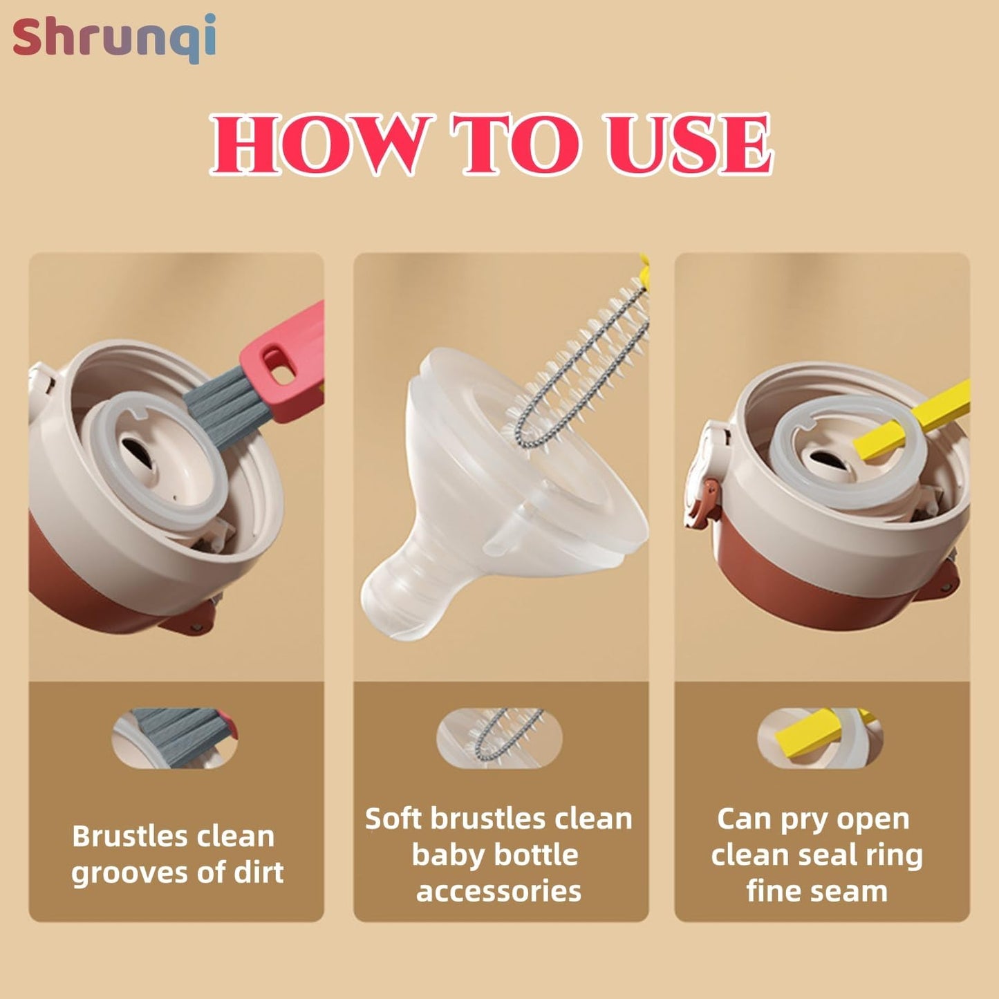 4-in-1 Bottle Cleaning Brush Set, Multifunction Silicone Cup Lid Gap Cleaner, Home Kitchen Crevice Cleaning Tools, 3 Pcs, Multicolor