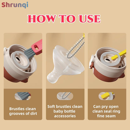 4-in-1 Bottle Cleaning Brush Set, Multifunction Silicone Cup Lid Gap Cleaner, Home Kitchen Crevice Cleaning Tools, 3 Pcs, Multicolor